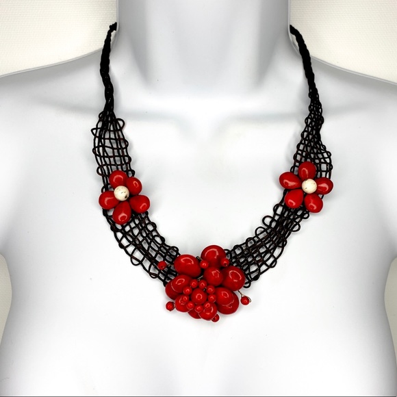Artisan Red Flower Boho Cord Necklace & Bracelet - Picture 14 of 16